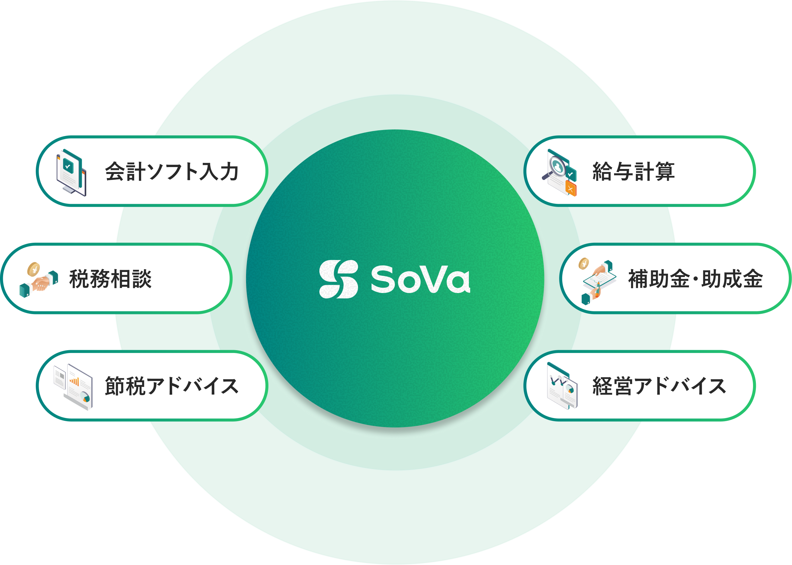 SoVaがまるごとサポートする6つのサービス:会計ソフト入力、給与計算、税務相談、補助金・助成金、節税アドバイス、経営アドバイス